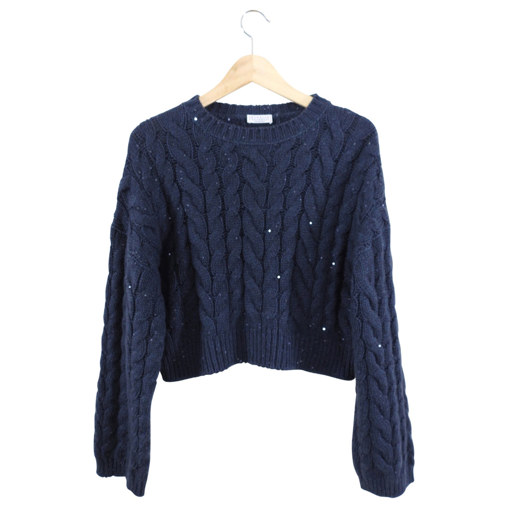 Brunello Cucinelli Navy Shimmer Sequin Cashmere Cable Knit Sweater - S
