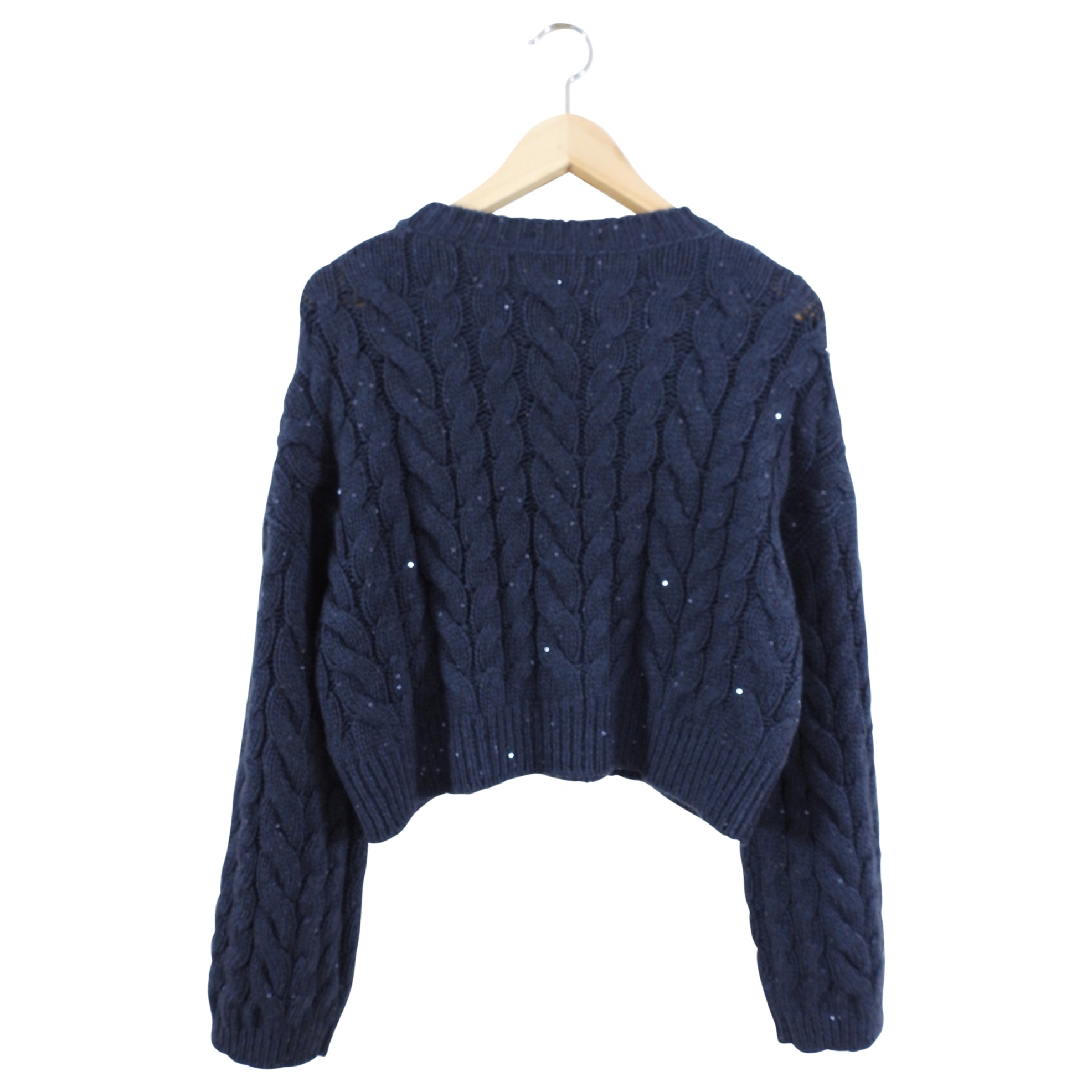 Brunello Cucinelli Navy Shimmer Sequin Cashmere Cable Knit Sweater - S