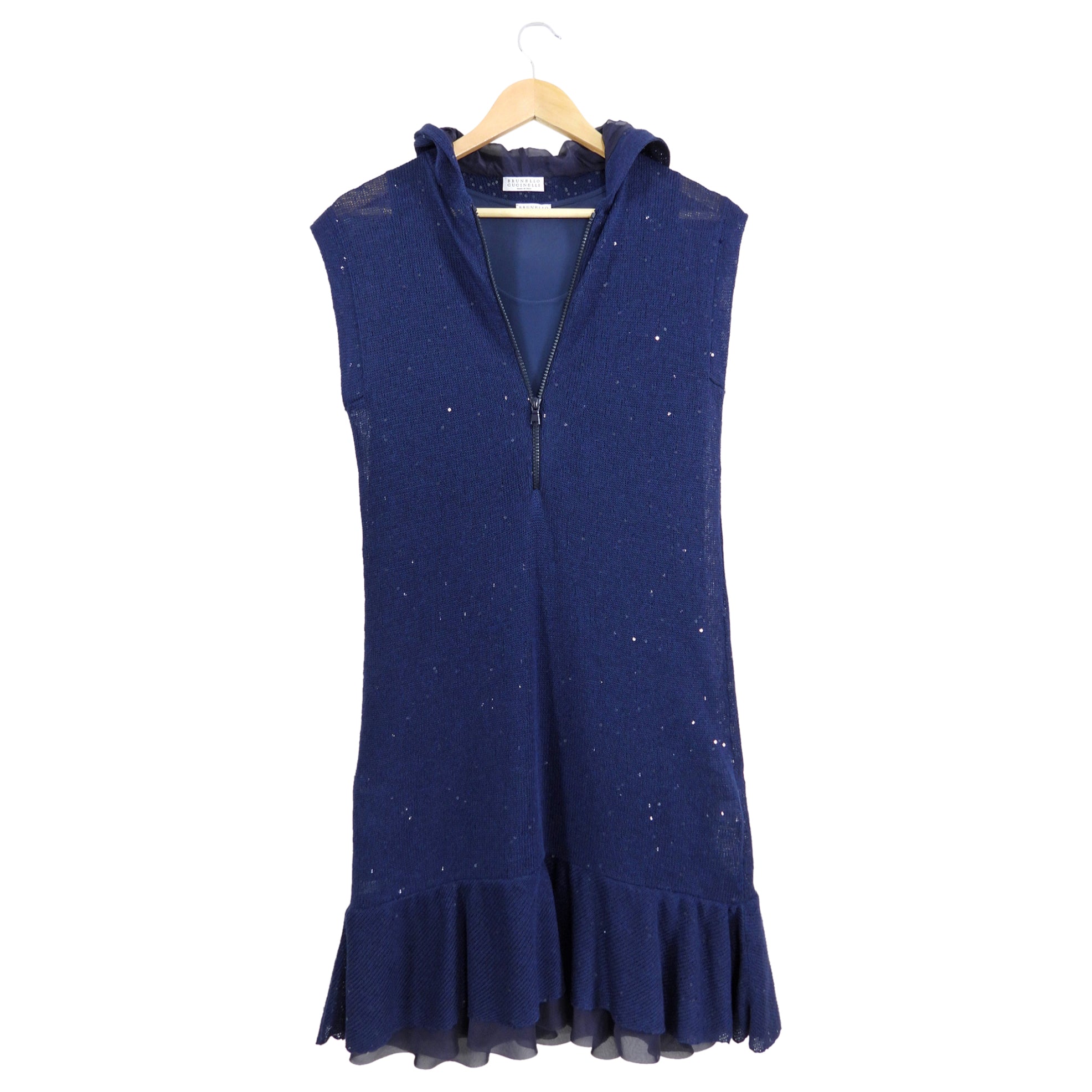 Brunello Cucinelli Navy Knit Sleeveless Zip Dress - M