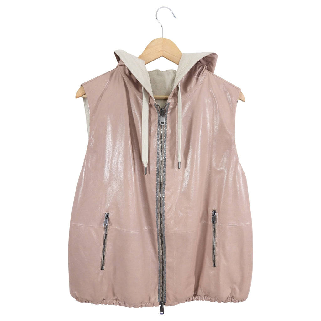 Brunello Cucinelli Quartz Pink Leather Reversible Hooded Vest - IT44 / 8