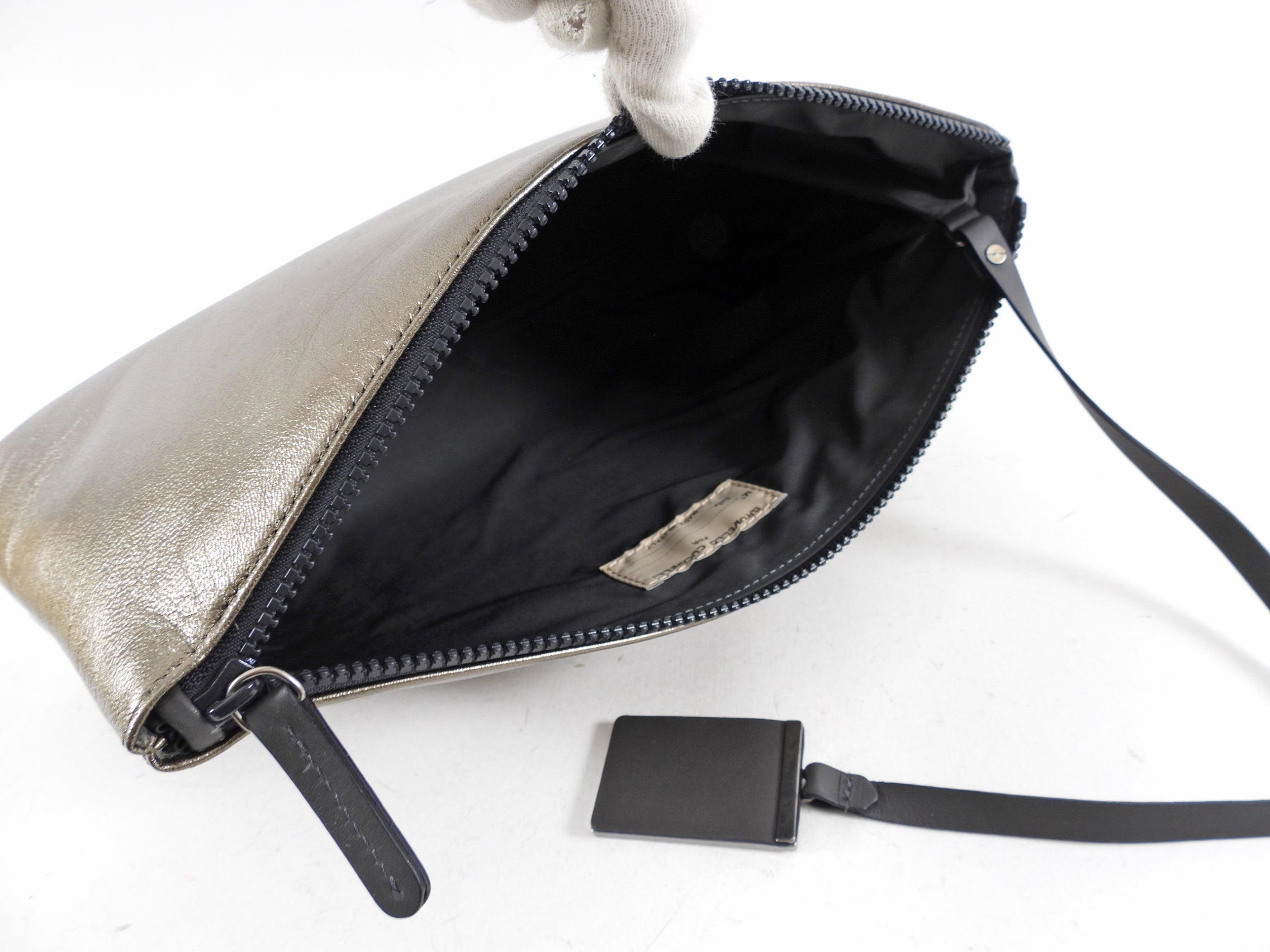 Brunello Cucinelli Pewter Metallic Leather Zip Large Pouch / Clutch Bag