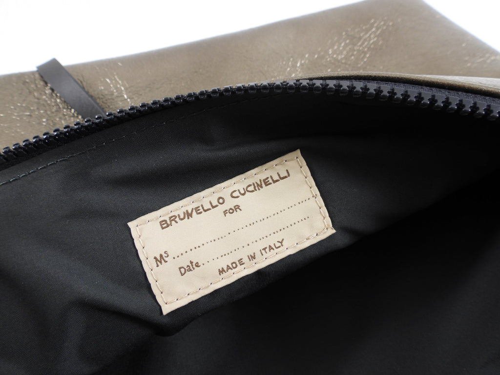 Brunello Cucinelli Pewter Metallic Leather Zip Large Pouch / Clutch Bag