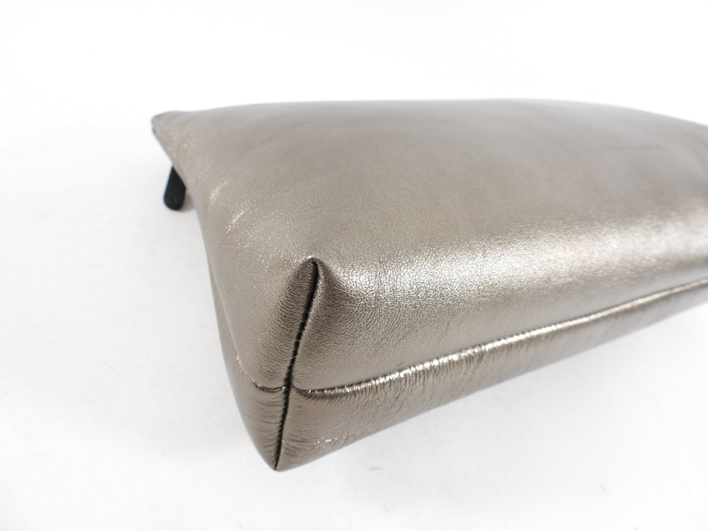 Brunello Cucinelli Pewter Metallic Leather Zip Large Pouch / Clutch Bag