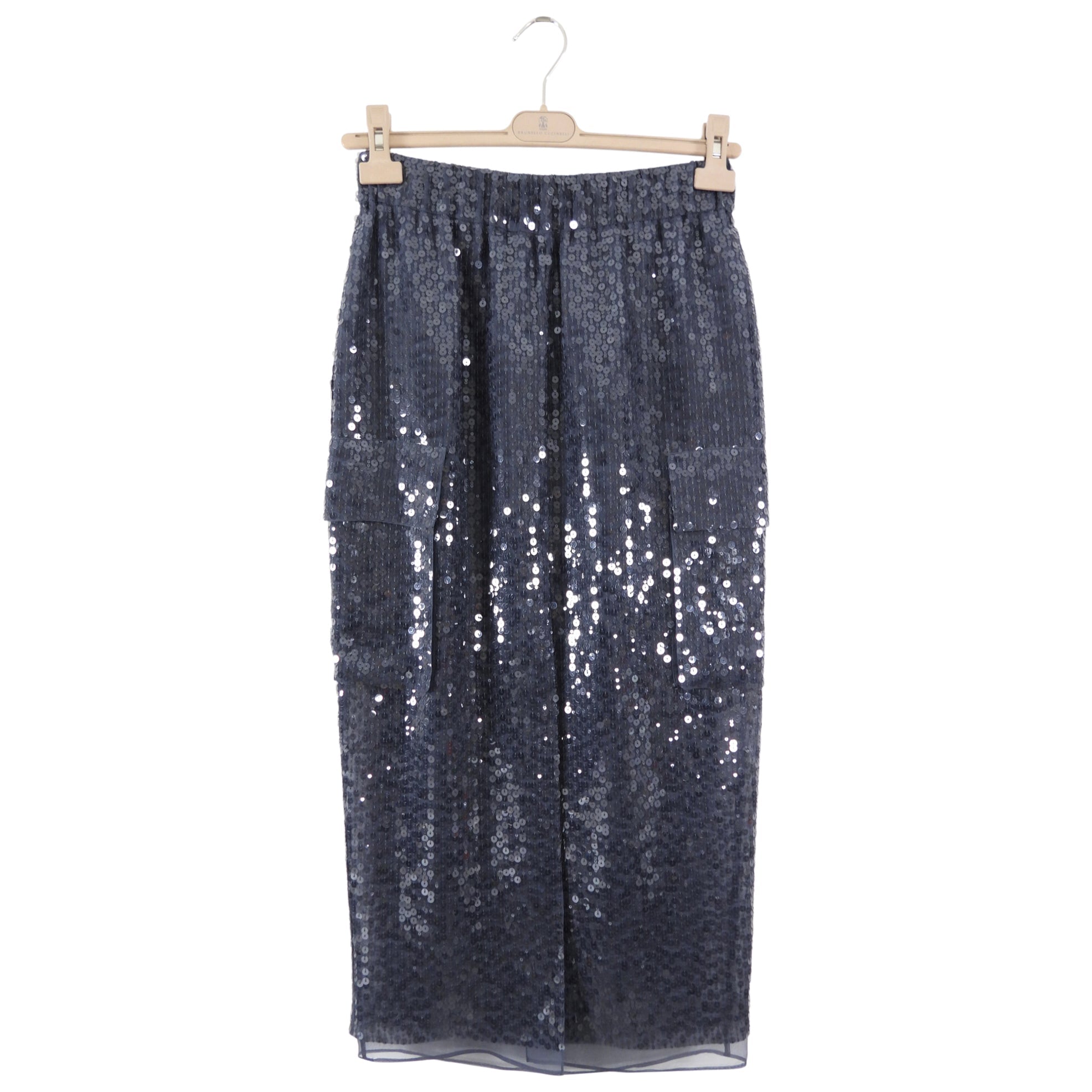 Brunello Cucinelli Grey Long Sequin Silk Cargo Skirt - S (4/6)