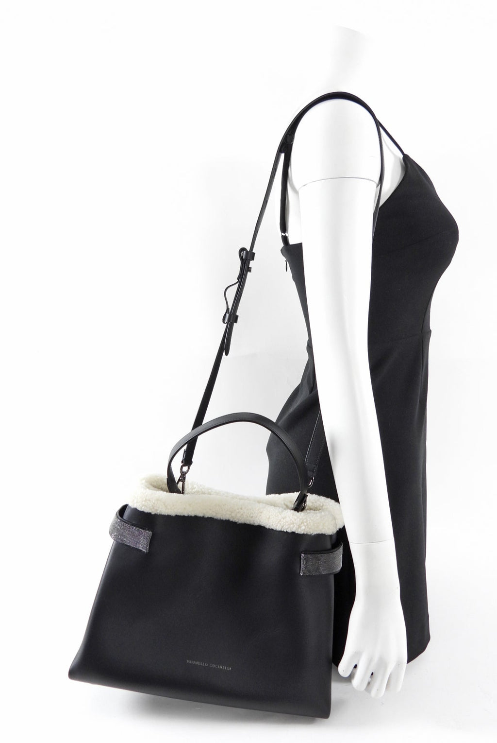 Brunello Cucinelli Black Leather Monili shearling Two Way Bag