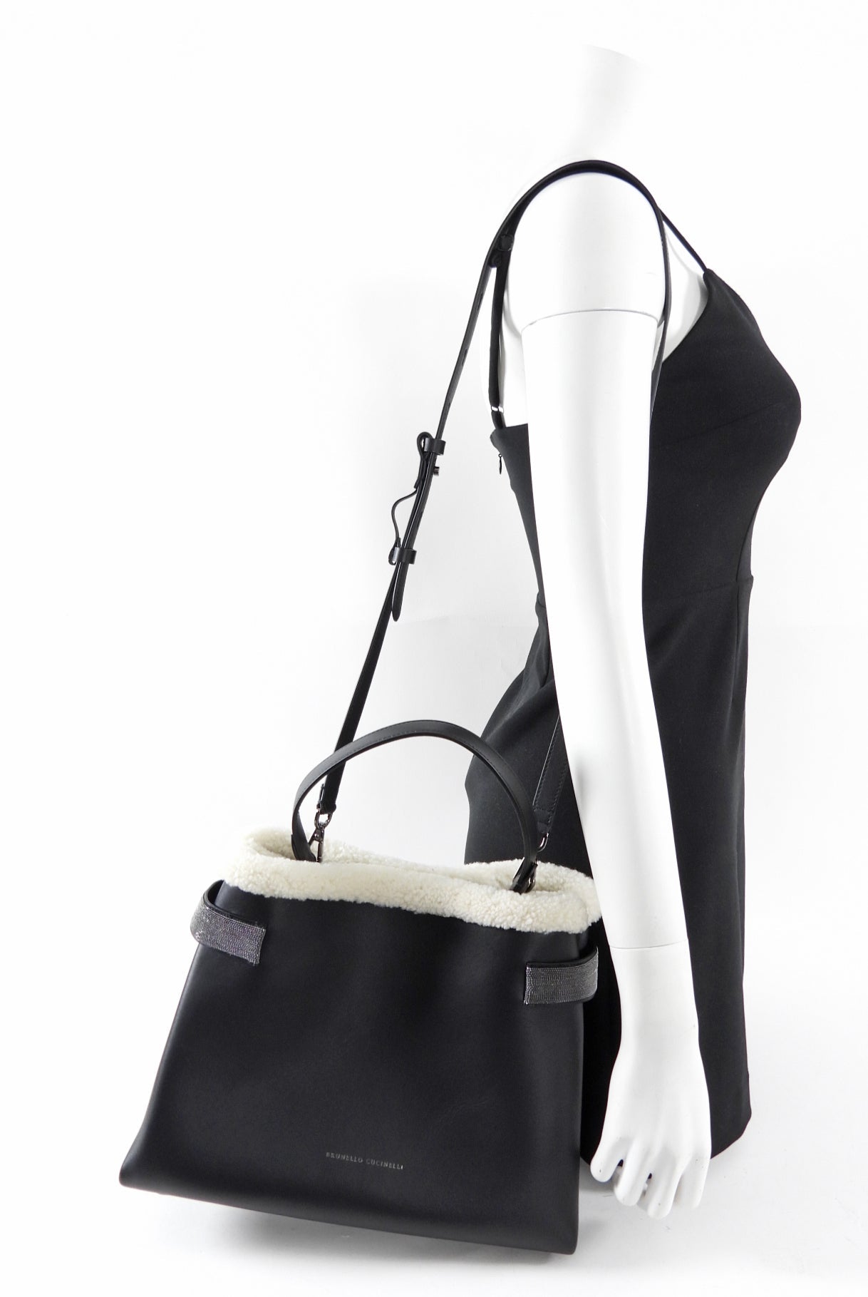 Brunello Cucinelli Black Leather Monili shearling Two Way Bag