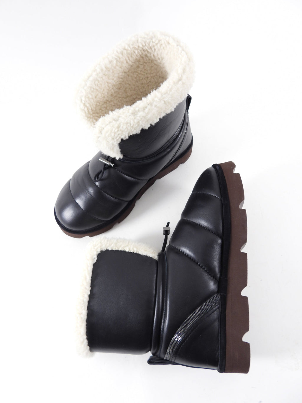 Brunello Cucinelli Black Leather Shearling Monili Boots - 37