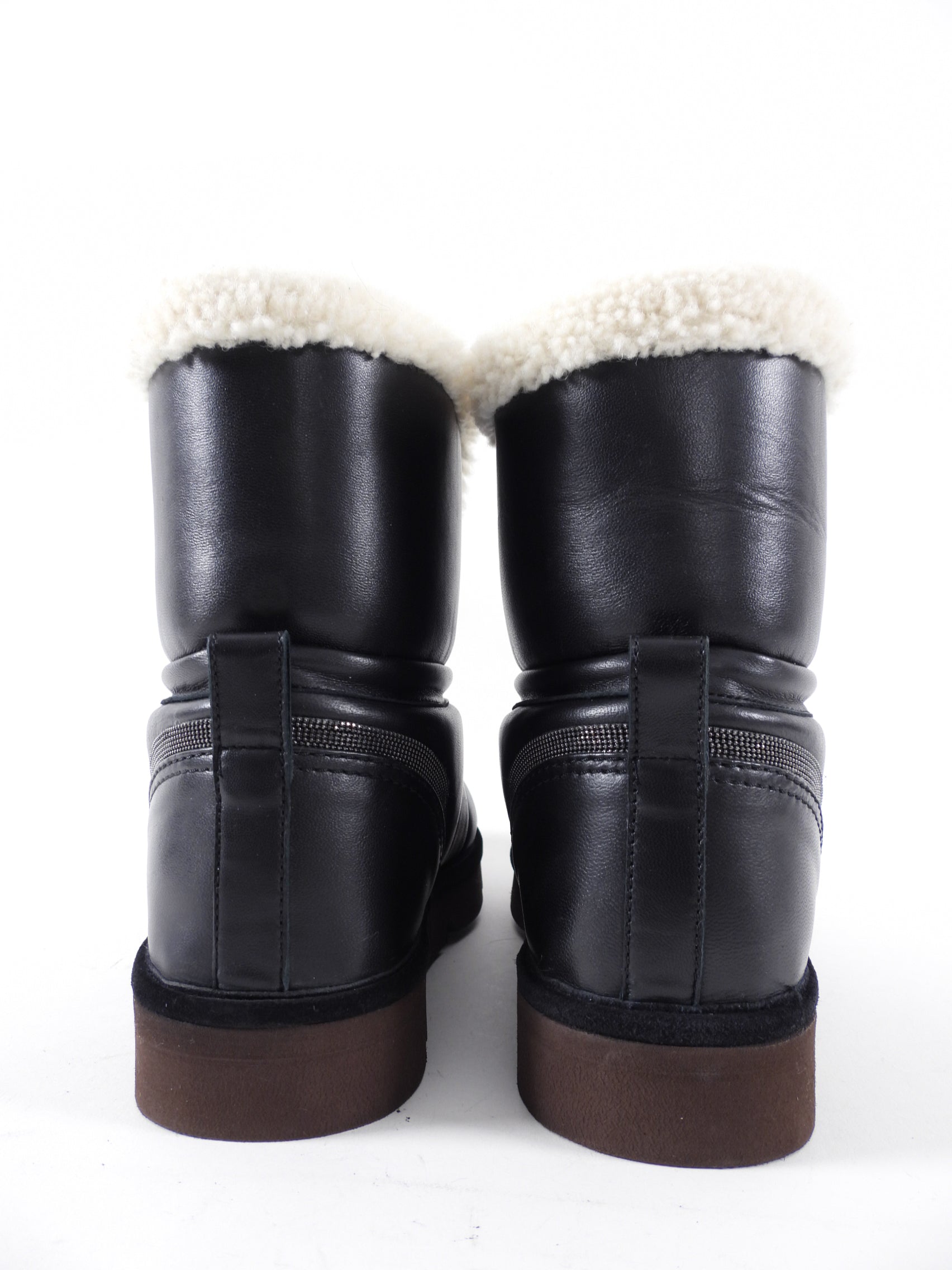 Brunello Cucinelli Black Leather Shearling Monili Boots - 37