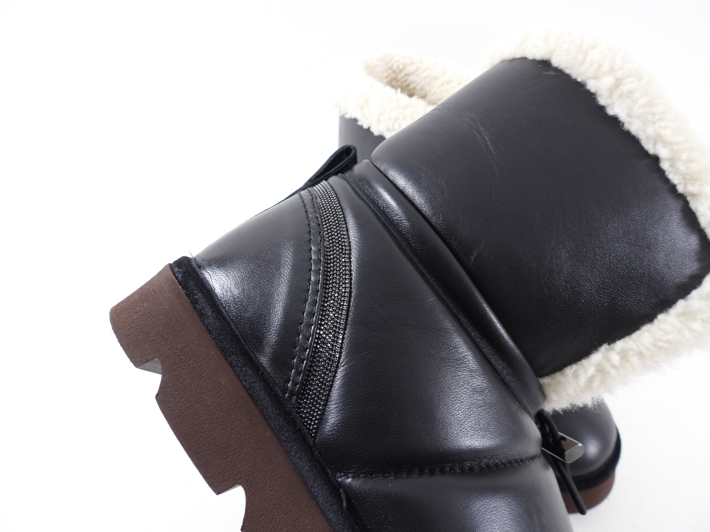 Brunello Cucinelli Black Leather Shearling Monili Boots - 37