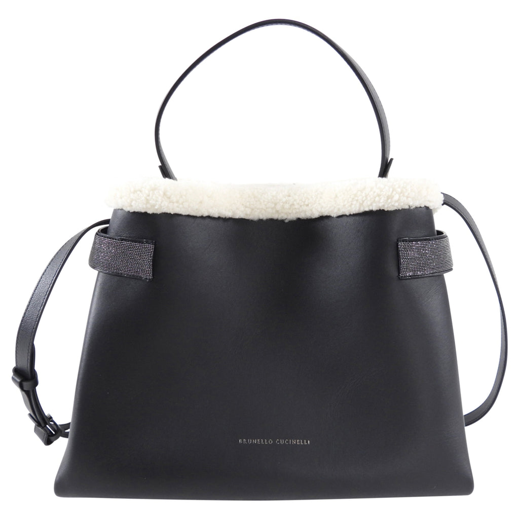 Brunello Cucinelli Black Leather Monili shearling Two Way Bag