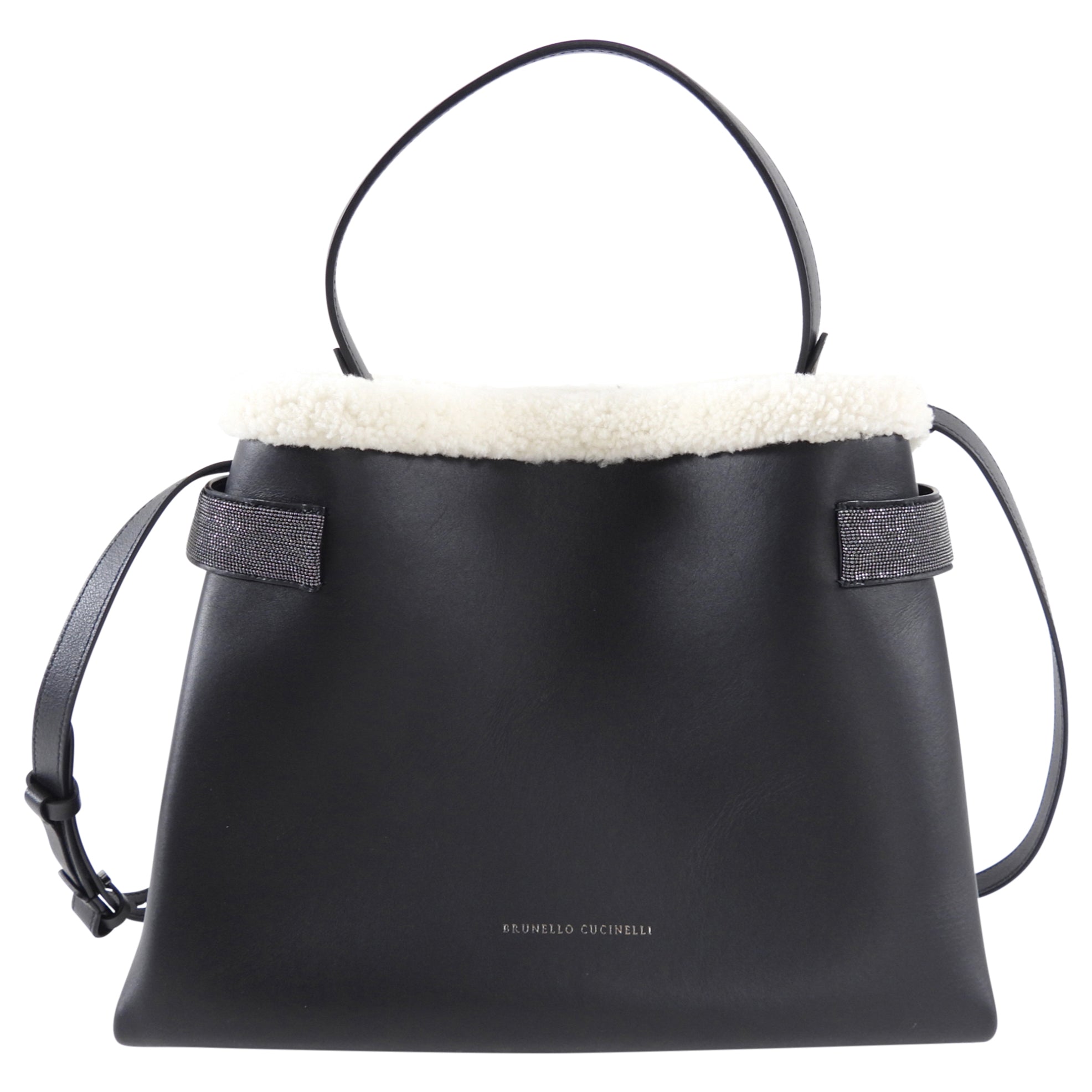 Brunello Cucinelli Black Leather Monili shearling Two Way Bag