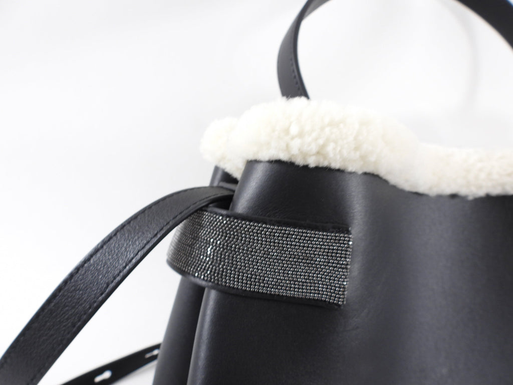 Brunello Cucinelli Black Leather Monili shearling Two Way Bag