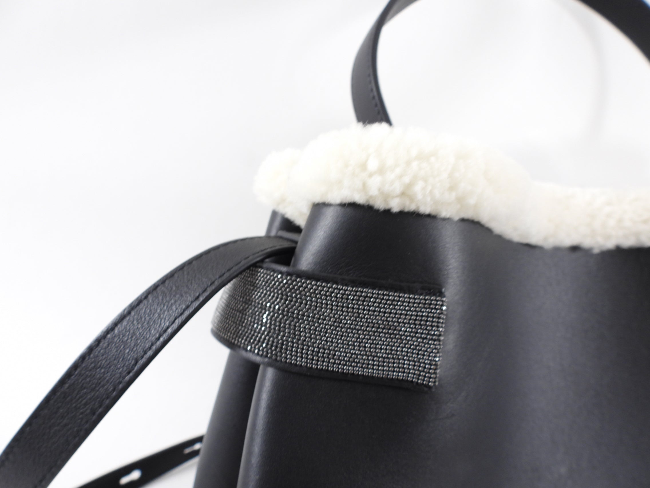 Brunello Cucinelli Black Leather Monili shearling Two Way Bag