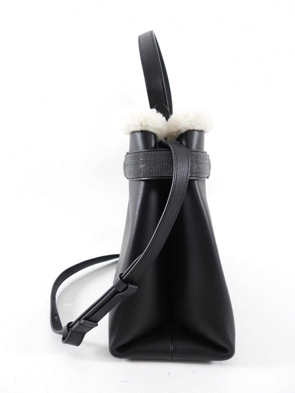 Brunello Cucinelli Black Leather Monili shearling Two Way Bag
