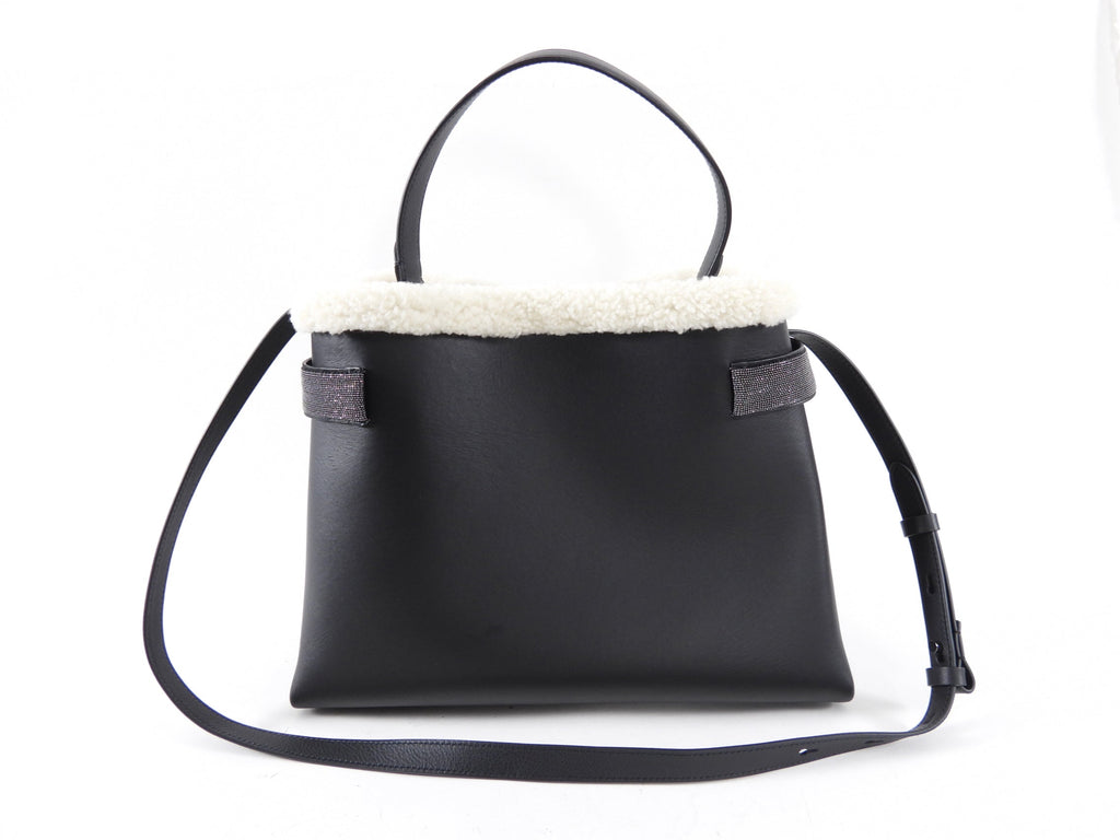 Brunello Cucinelli Black Leather Monili shearling Two Way Bag