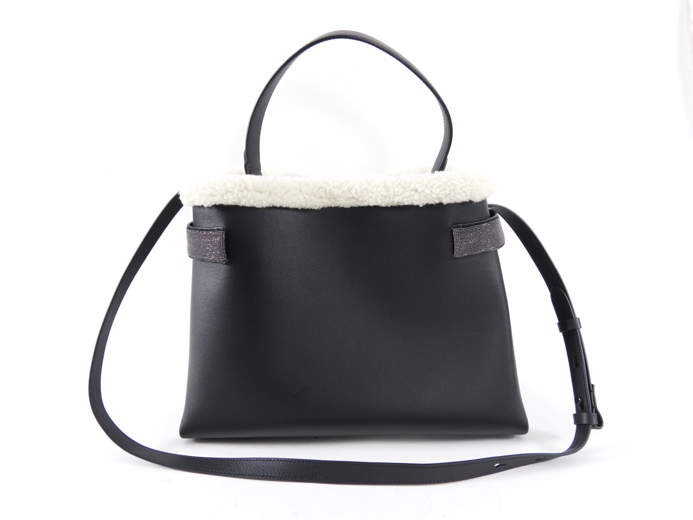 Brunello Cucinelli Black Leather Monili shearling Two Way Bag