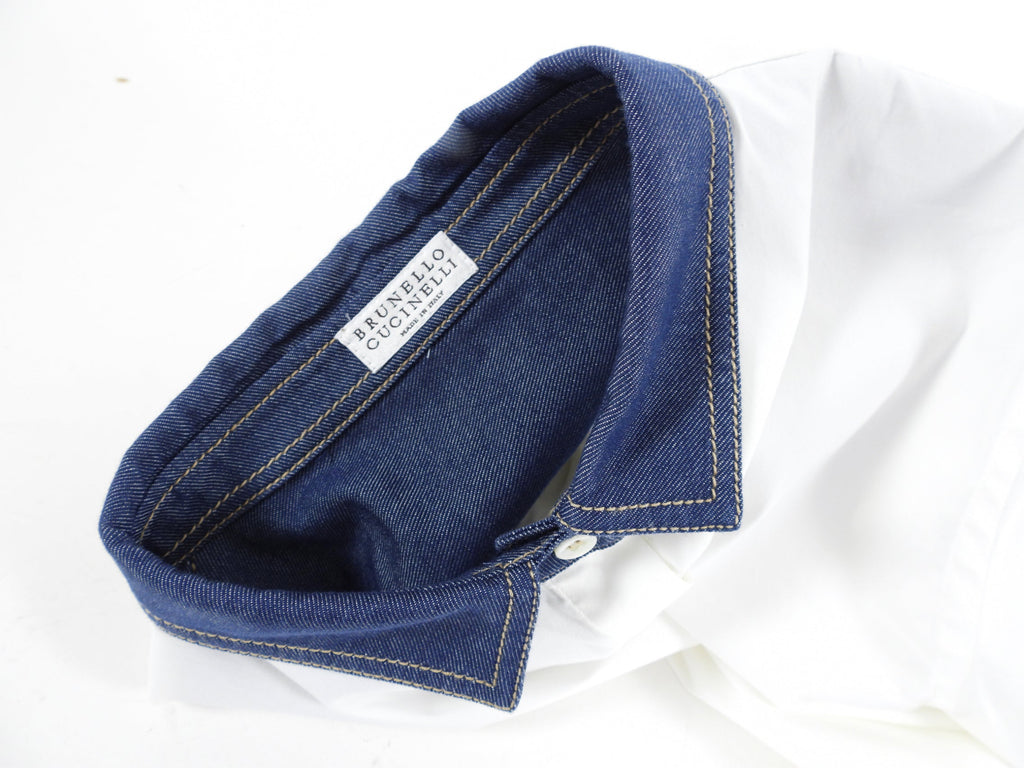 Brunello Cucinelli White Cotton Shirt with Denim Collar - M / 6 / 8
