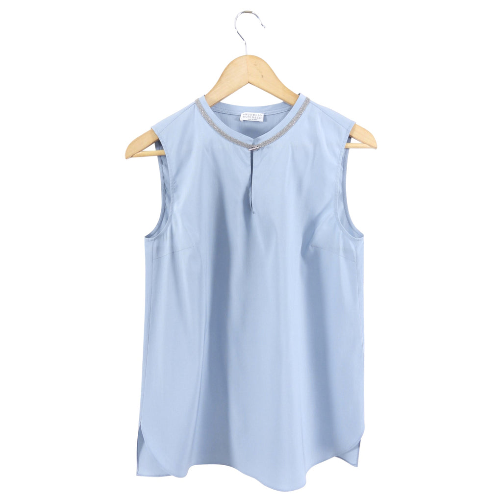 Brunello Cucinelli Steel Blue Silk Tank with Monili Trim - S (4/6)