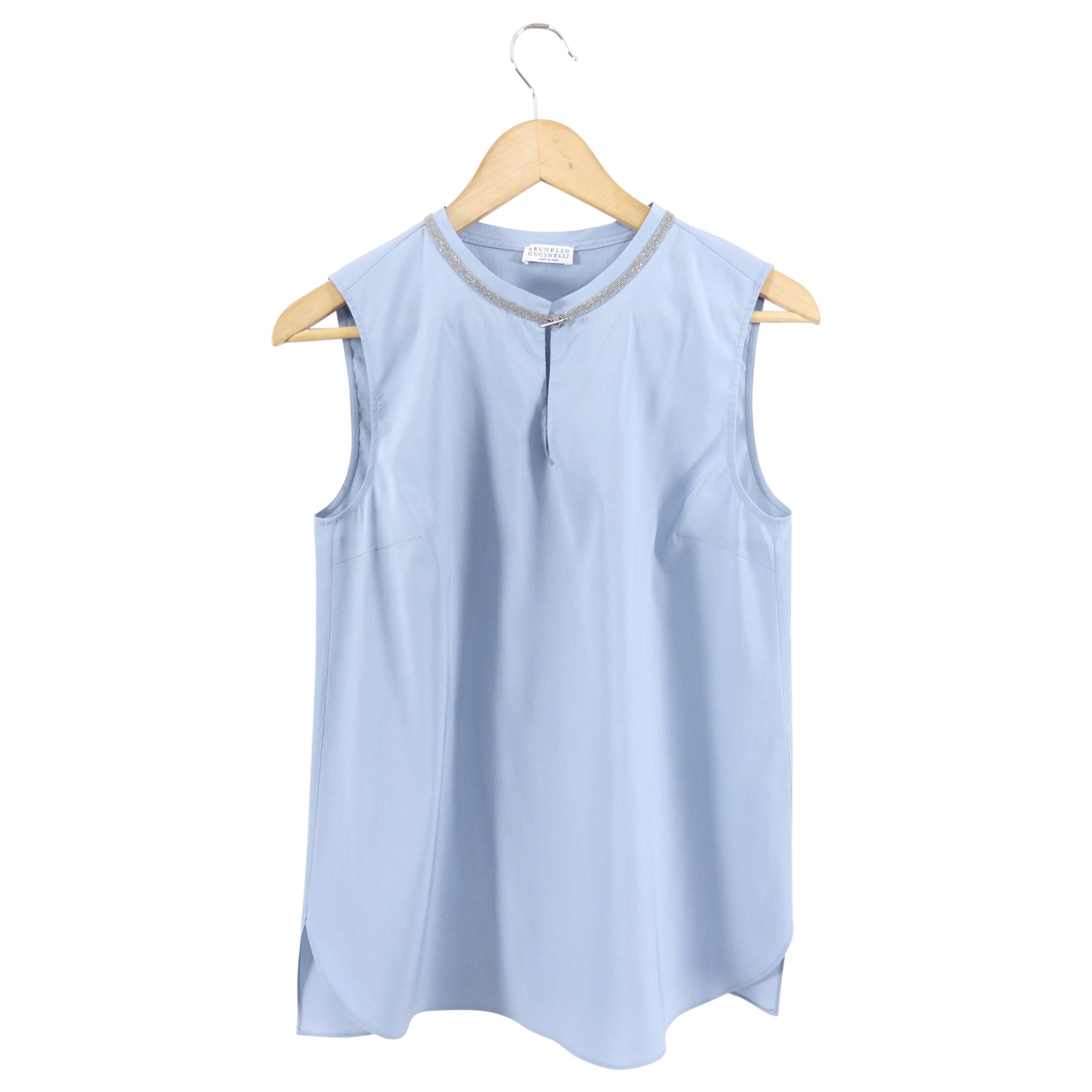 Brunello Cucinelli Steel Blue Silk Tank with Monili Trim - S (4/6)