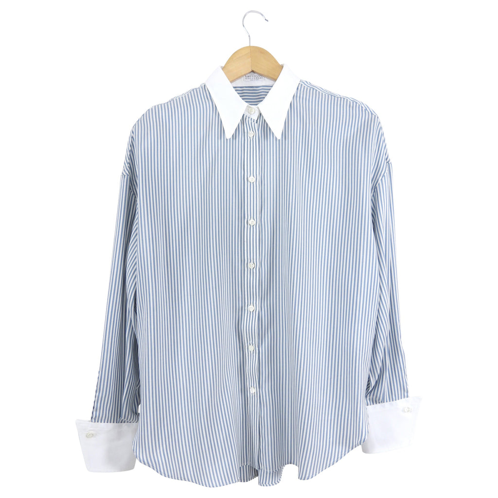 Brunello Cucinelli blue and Wihte Striped Shirt with French Cuffs - M