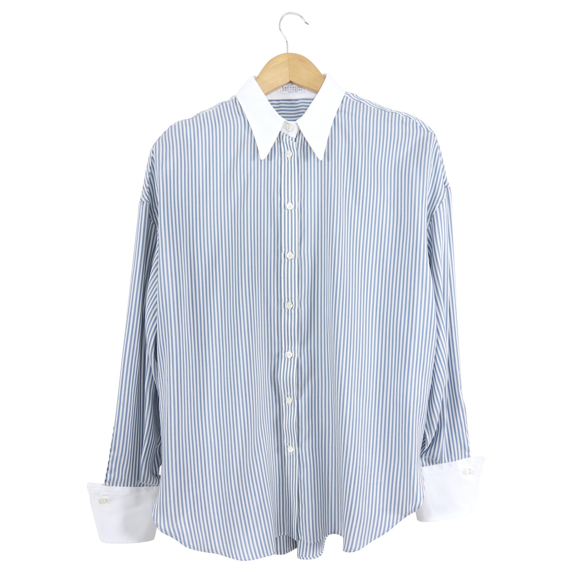 Brunello Cucinelli blue and Wihte Striped Shirt with French Cuffs - M