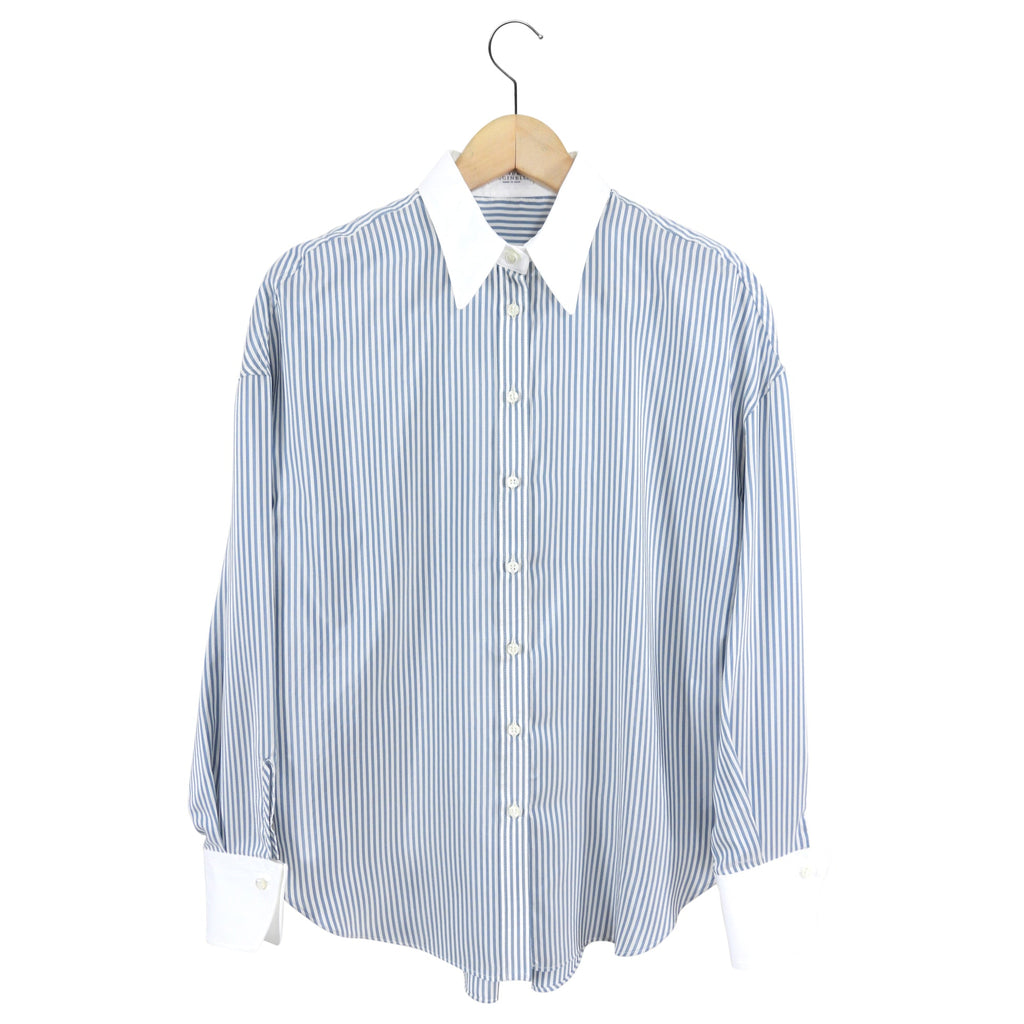 Brunello Cucinelli Blue and White Pin Stripe Silk Shirt - S
