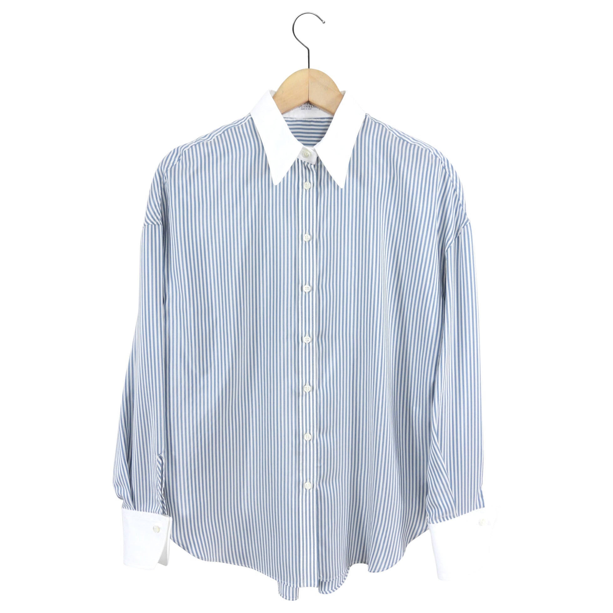 Brunello Cucinelli Blue and White Pin Stripe Silk Shirt - S