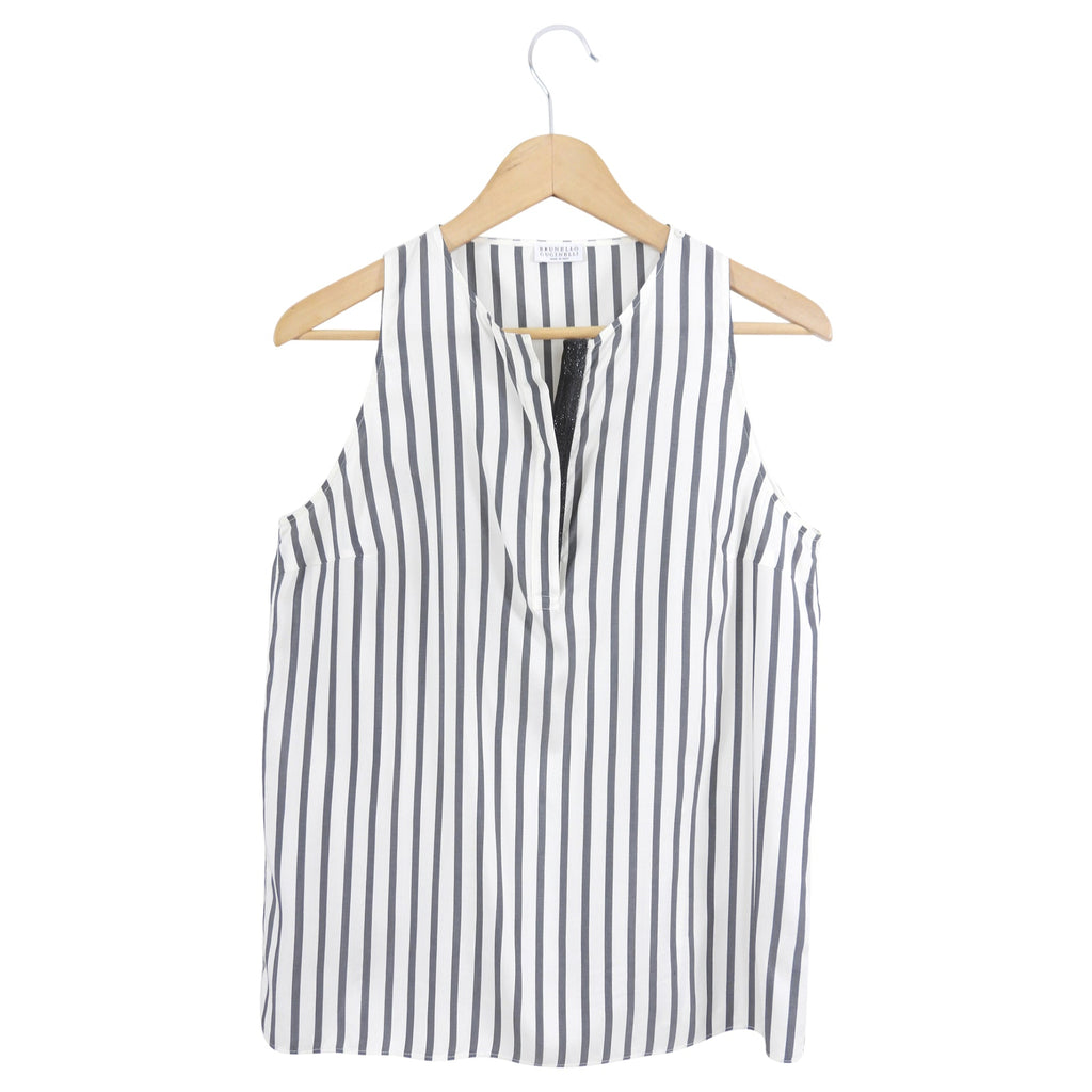 Brunello Cucinelli Grey Ivory Stripe Silk Sleeveless Top - M