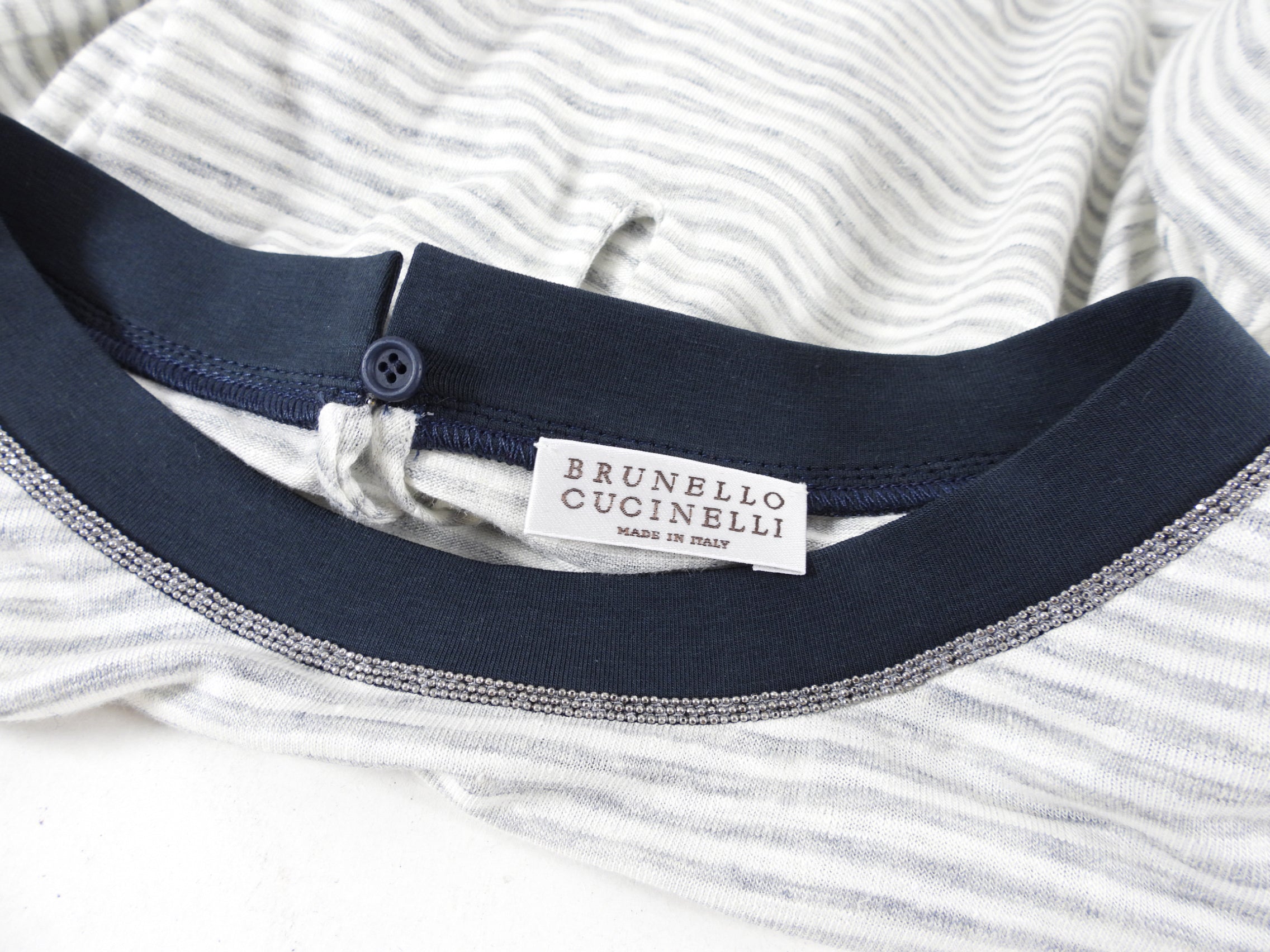 Brunello Cucinelli Linen Striped Tee with Monili Neckline - S