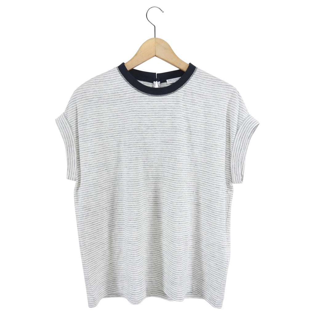 Brunello Cucinelli Linen Striped Tee with Monili Neckline - S