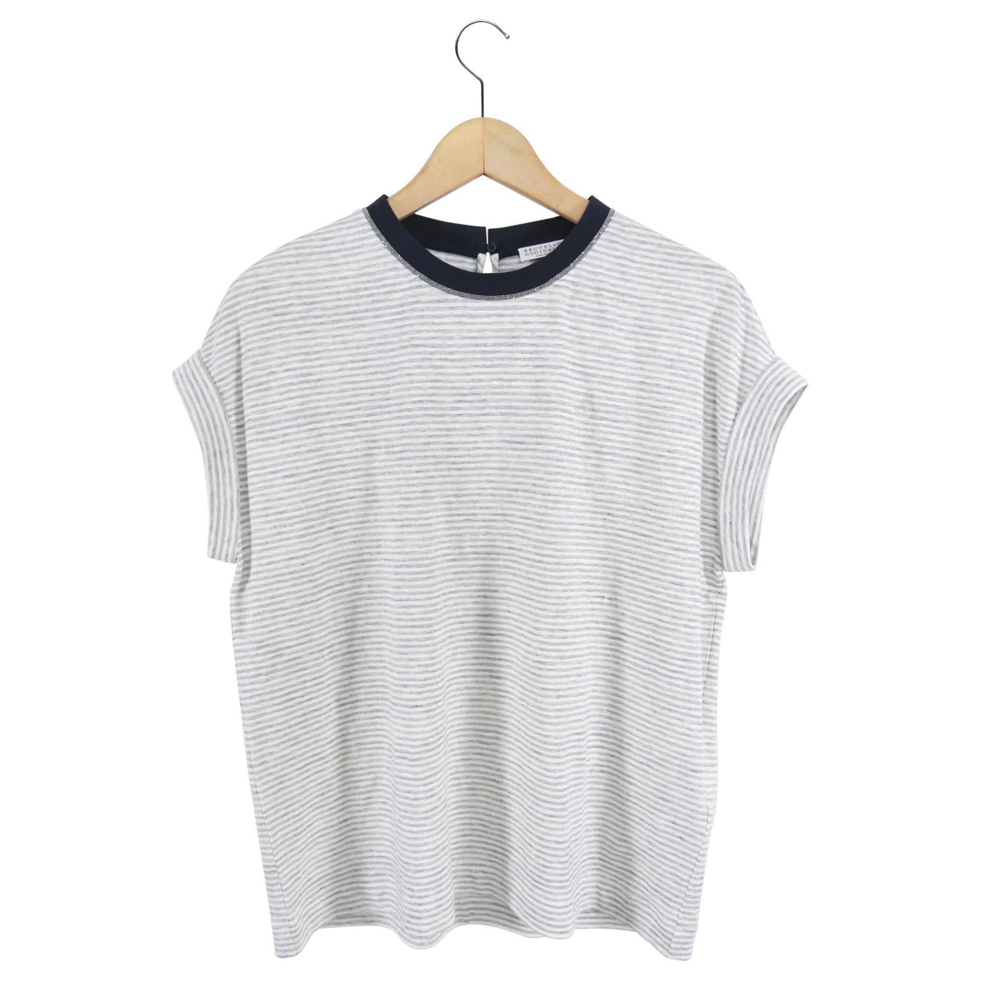 Brunello Cucinelli Linen Striped Tee with Monili Neckline - S