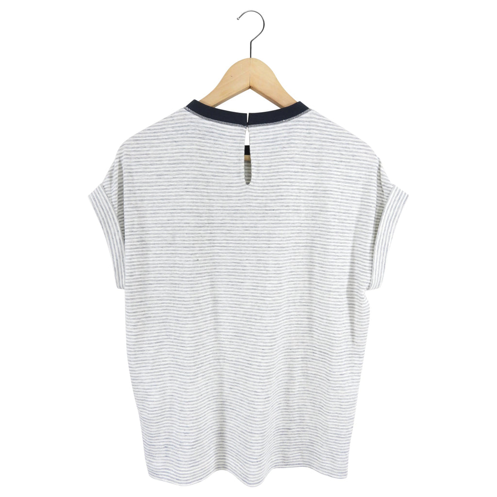 Brunello Cucinelli Linen Striped Tee with Monili Neckline - S