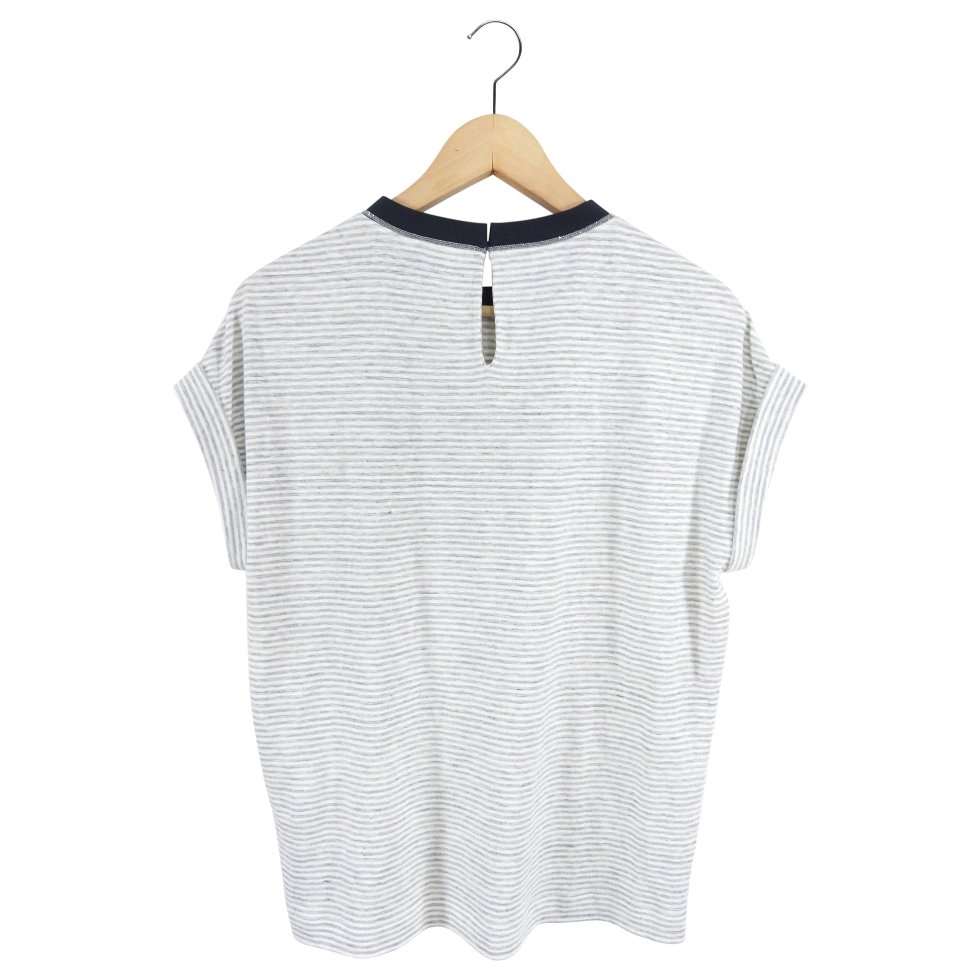 Brunello Cucinelli Linen Striped Tee with Monili Neckline - S