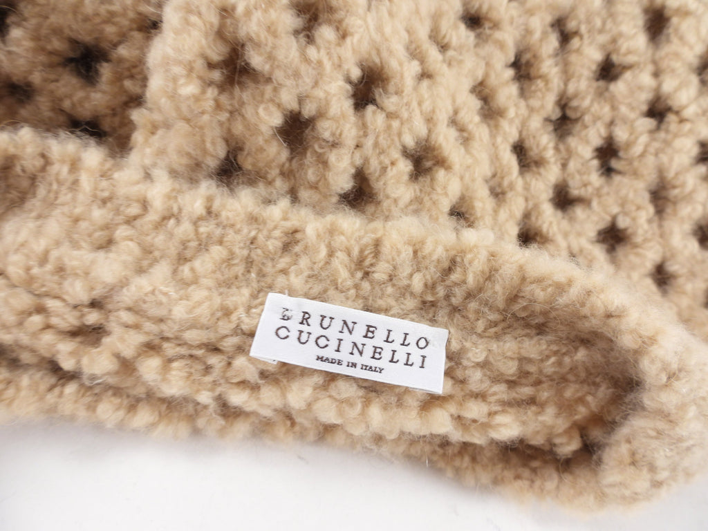 Brunello Cucinelli Beige Open Knit Boucle Camel Short Sweater - S