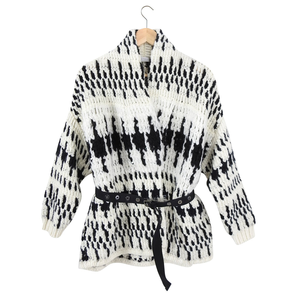 Brunello Cucinelli Black Ivory Chunky Belted Sweater Coat - XS / S