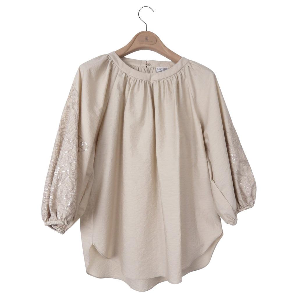 Brunello Cucinelli Beige Cotton Embroidered 3/4 Sleeve Top-Small