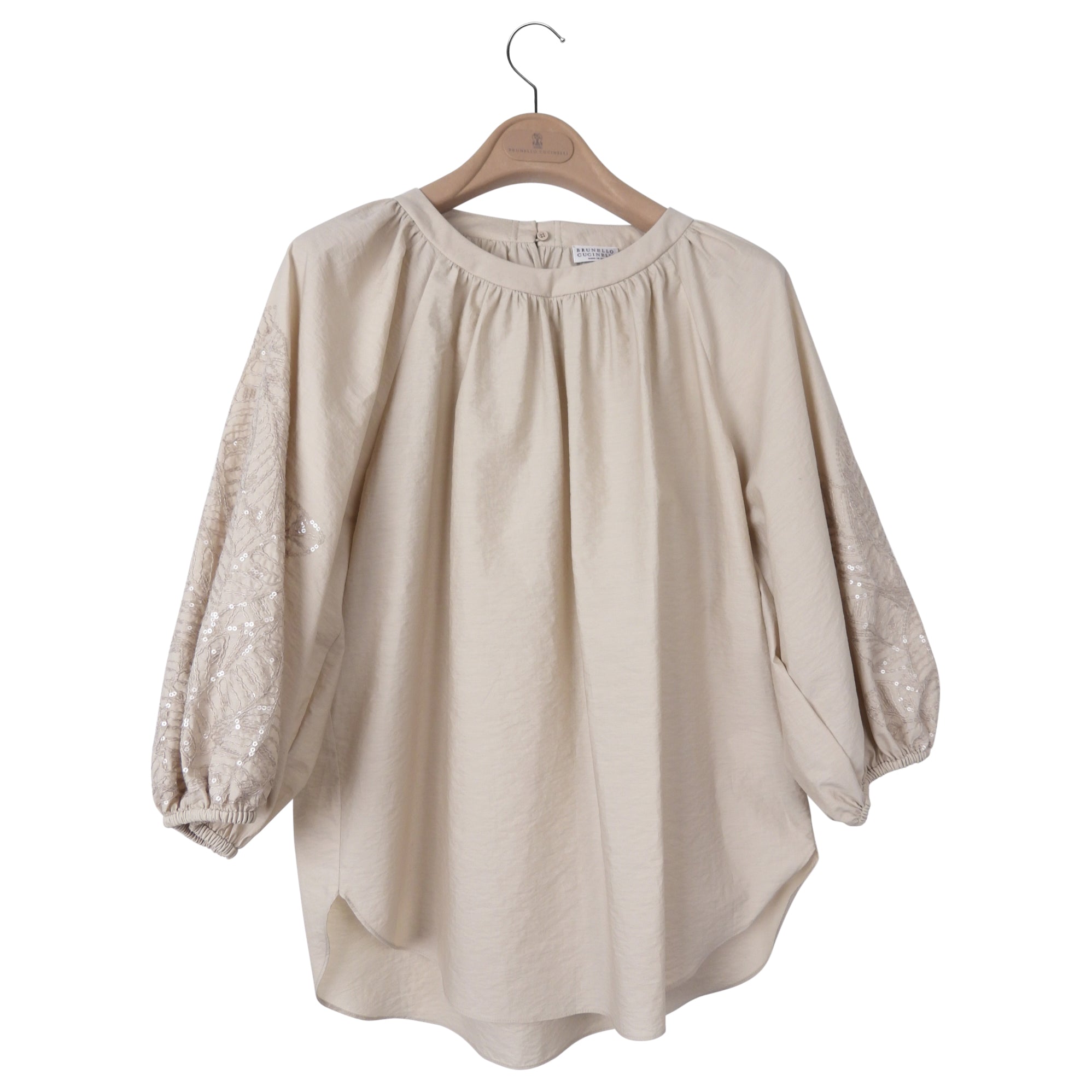 Brunello Cucinelli Beige Cotton Embroidered 3/4 Sleeve Top-Small