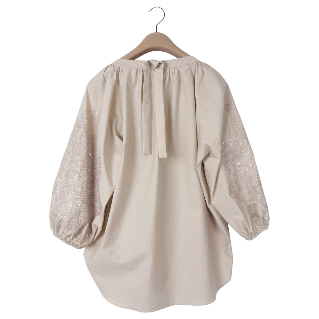 Brunello Cucinelli Beige Cotton Embroidered 3/4 Sleeve Top-Small