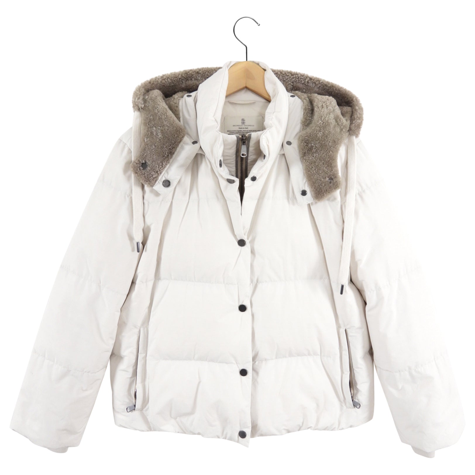 Brunello Cucinelli Bone White Down Puffer Jacket with Shearling Hood