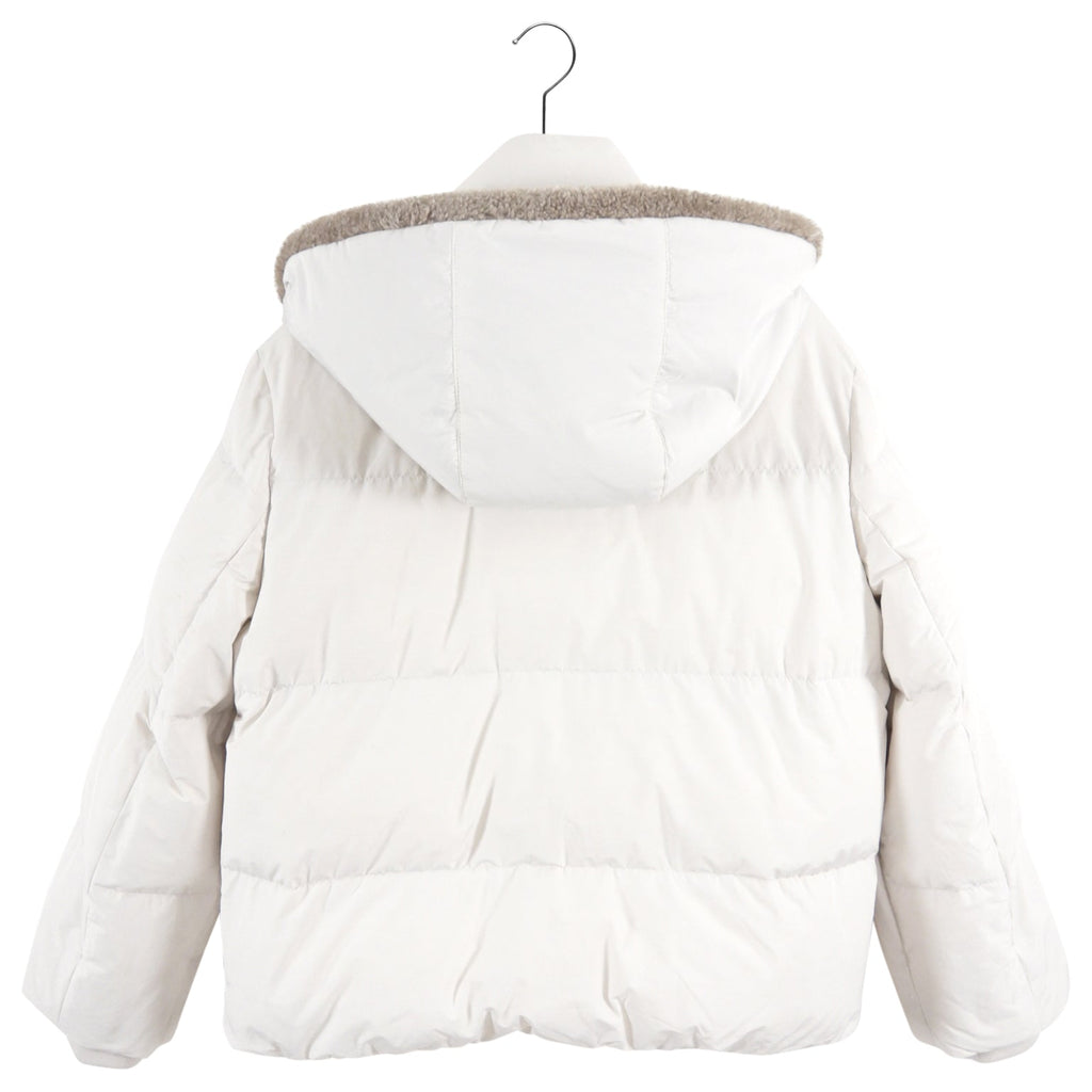 Brunello Cucinelli Bone White Down Puffer Jacket with Shearling Hood