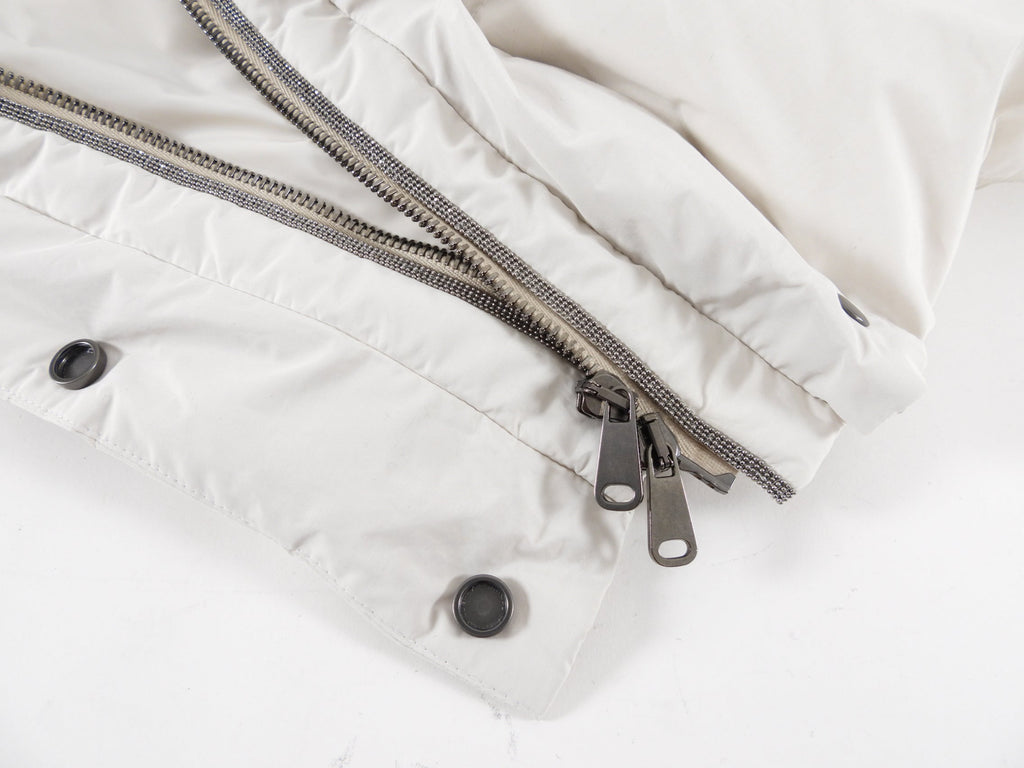 Brunello Cucinelli Bone White Down Puffer Jacket with Shearling Hood