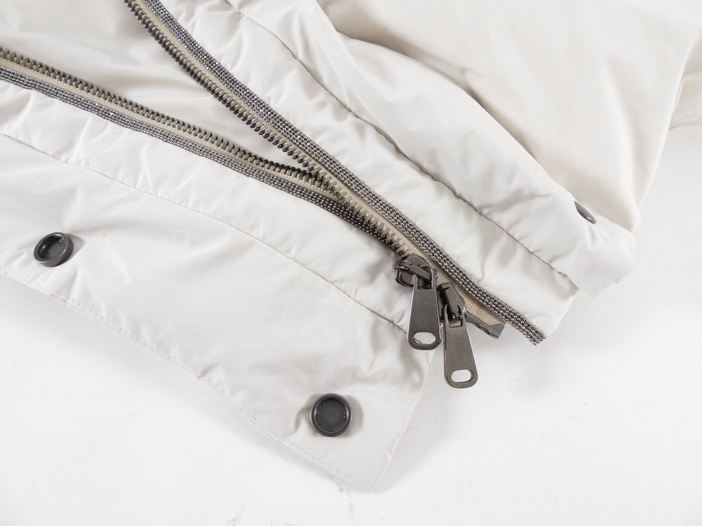 Brunello Cucinelli Bone White Down Puffer Jacket with Shearling Hood