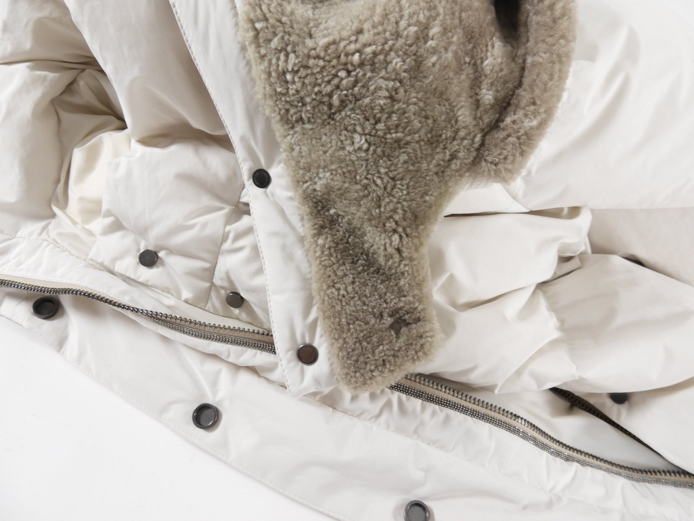 Brunello Cucinelli Bone White Down Puffer Jacket with Shearling Hood