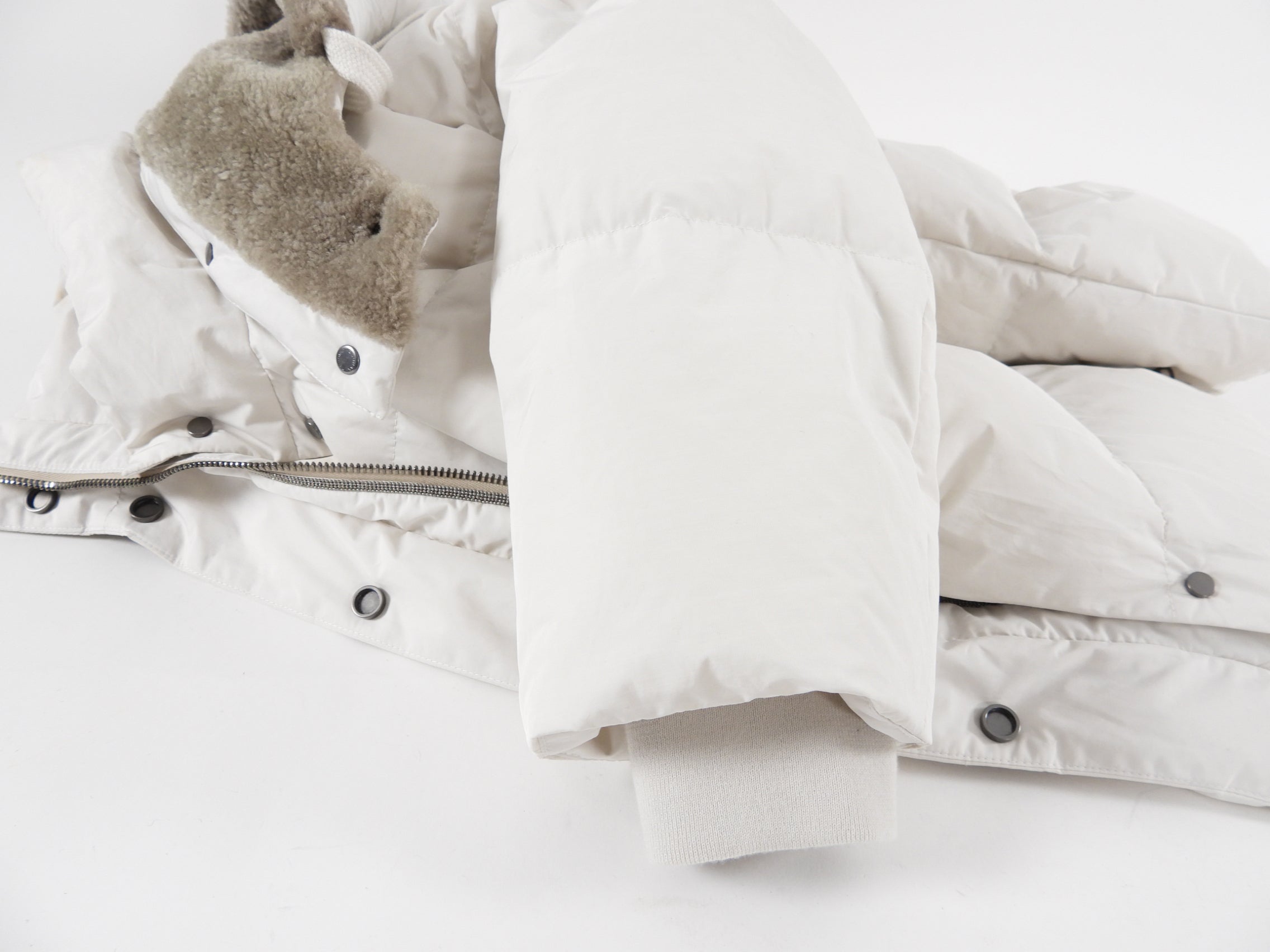 Brunello Cucinelli Bone White Down Puffer Jacket with Shearling Hood