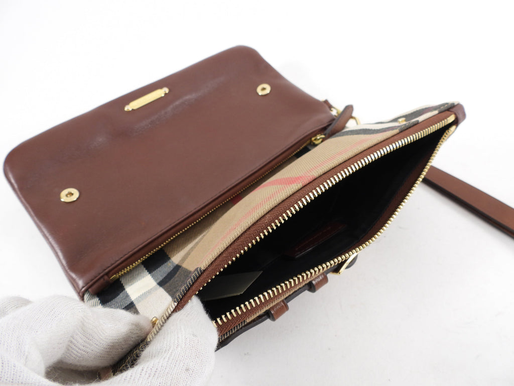 Burberry Brown Fold Over Check Wristlet Clutch Bag