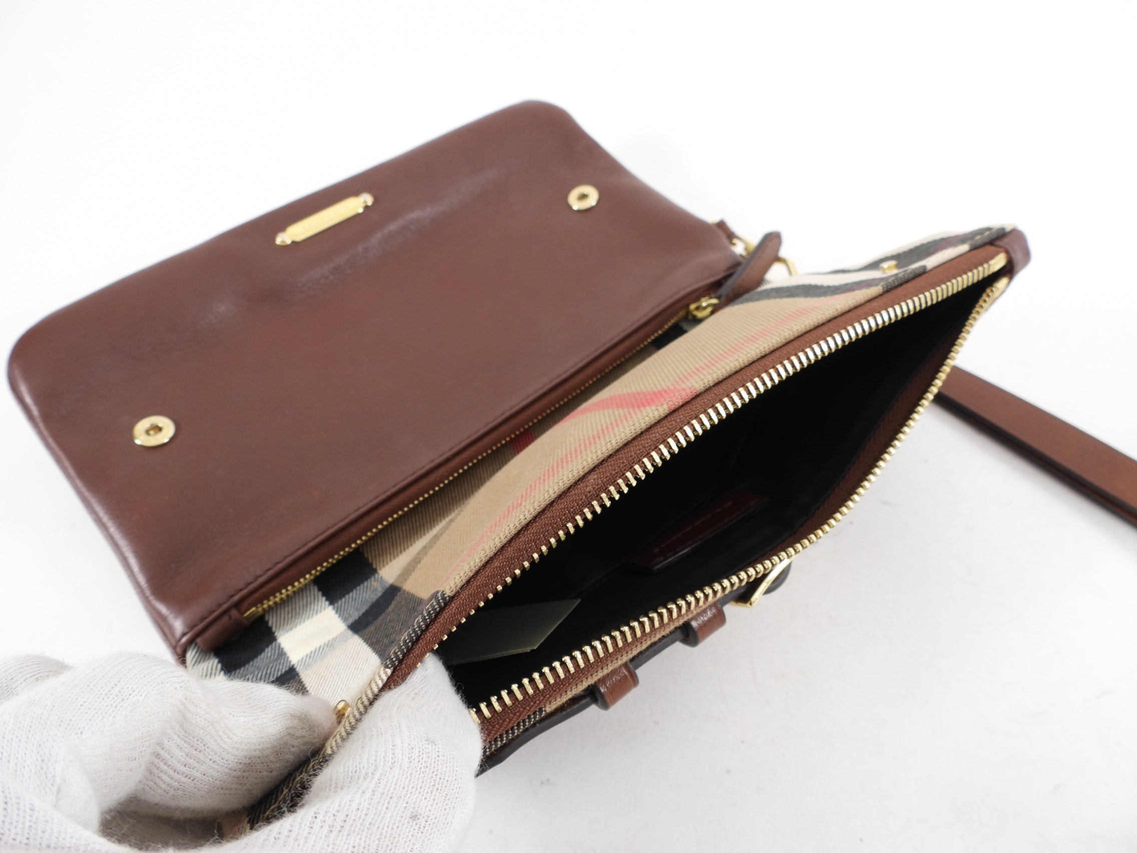 Burberry Brown Fold Over Check Wristlet Clutch Bag