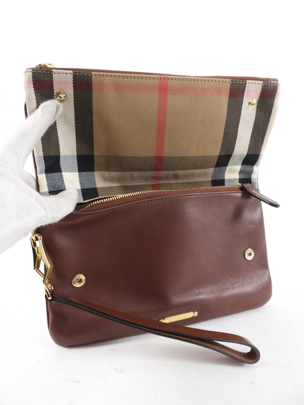 Burberry Brown Fold Over Check Wristlet Clutch Bag