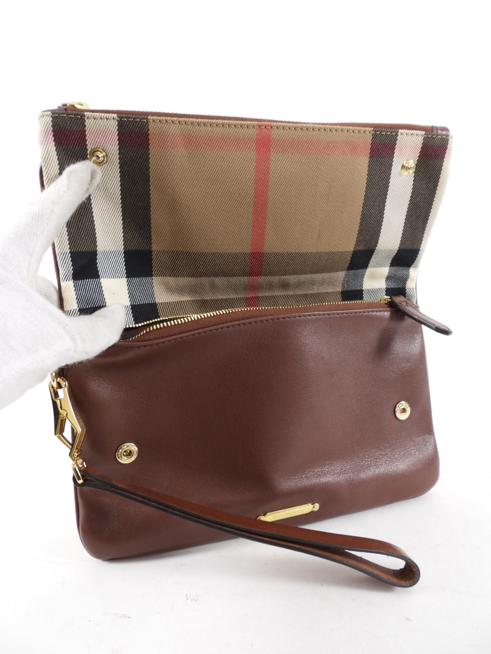 Burberry Brown Fold Over Check Wristlet Clutch Bag