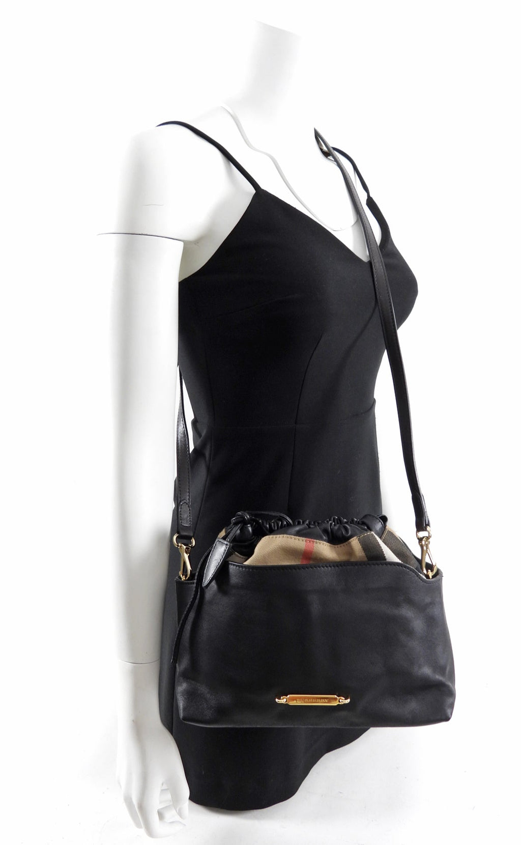 Burberry Black Leather and Check Little Crush Drawstring Bag