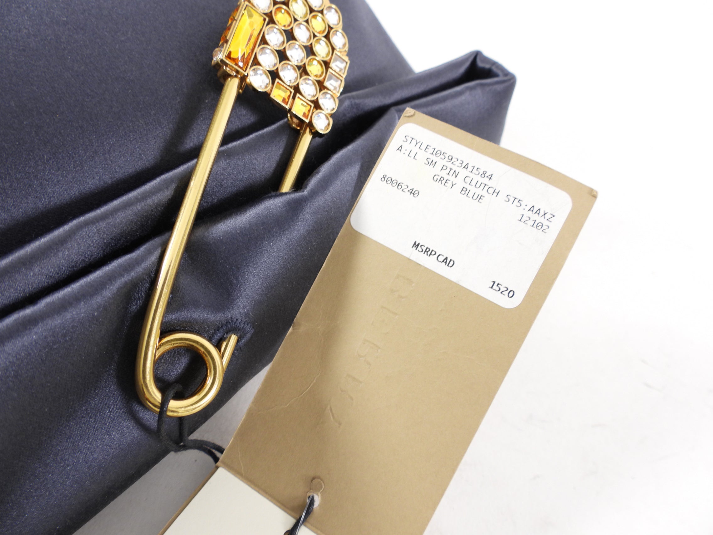 Burberry Grey Silk Satin Strass Pin Evening Clutch Bag